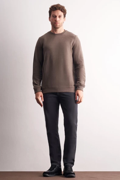 Açık Haki Uzun Kol Bisiklet Yaka Düz Pamuklu Comfort Fit Sweatshirt 1013255150 - Resim 2