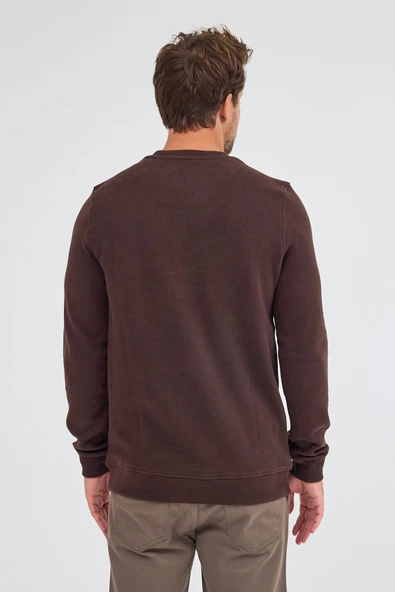 Kahverengi Uzun Kol Bisiklet Yaka Düz Pamuklu Comfort Fit Sweatshirt 1013255150 - Resim 7