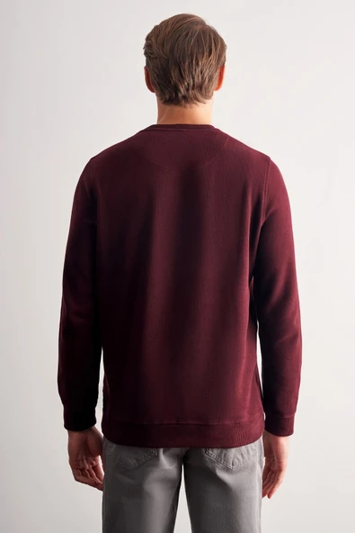 Bordo Uzun Kol Bisiklet Yaka Düz Pamuklu Comfort Fit Sweatshirt 1013255150 - Resim 5