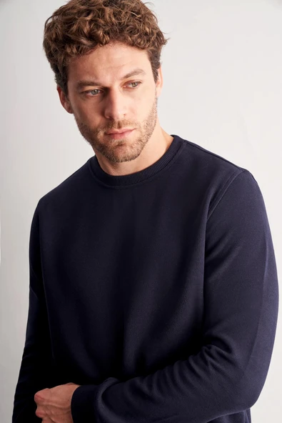 Lacivert Uzun Kol Bisiklet Yaka Düz Pamuklu Comfort Fit Sweatshirt 1013255150 - Resim 4