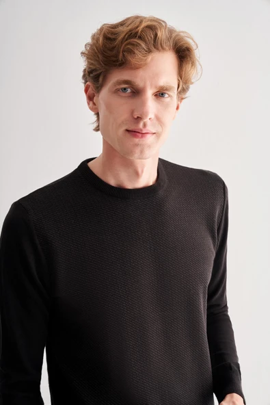 Siyah Bisiklet Yaka Uzun Kol Cepsiz Comfort Fit Pamuklu Triko Kazak 1012255220 - 4