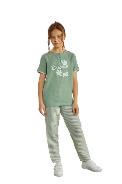 Weweus Yeşil Kız Çocuk Düğmeli Pijama Takımı 804 - 1