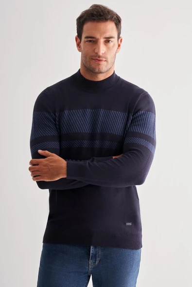 Koyu Lacivert Yarım Balıkçı Yaka Uzun Kol Cepsiz Comfort Fit Pamuklu Triko Kazak 1012255213 - Resim 3