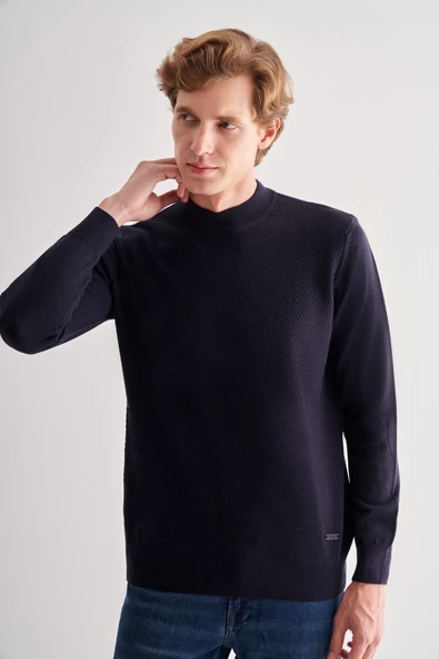 Koyu Lacivert Yarım Balıkçı Yaka Uzun Kol Cepsiz Comfort Fit Classic Pamuklu Triko Kazak 1012255208 ürün görseli 1