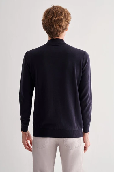 Koyu Lacivert Yarım Balıkçı Yaka Uzun Kol Cepsiz Comfort Fit Pamuklu Triko Kazak 1012255212 - Resim 5