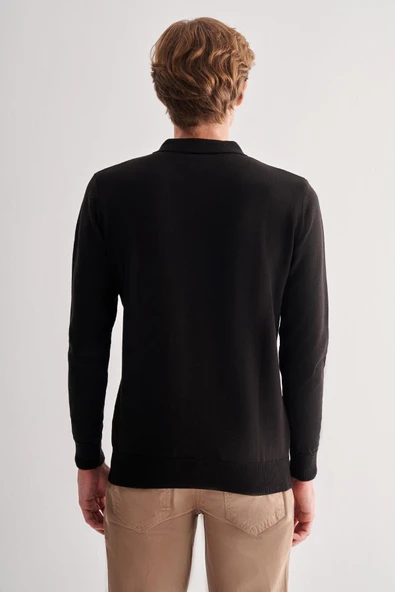 Siyah Fermuarlı Polo Yaka Uzun Kol Cepsiz Comfort Fit Pamuklu Triko Kazak 1012255223 - 5