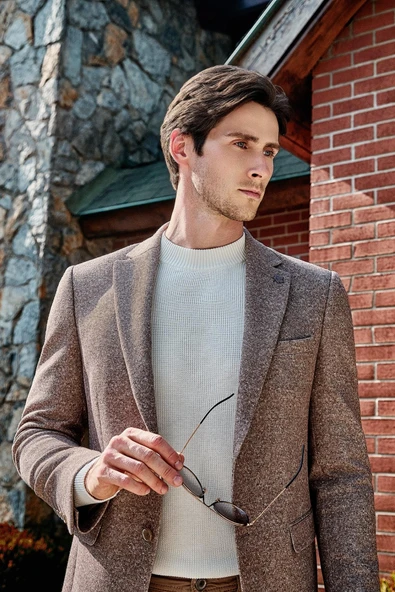 Ekru Uzun Kol Bisiklet Yaka Cepsiz  Slim Fit  Triko 1012255151 ürün görseli