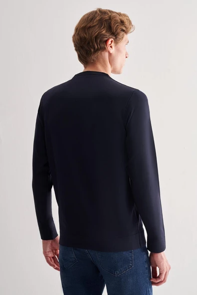 Lacivert Uzun Kol Bisiklet Yaka Cepsiz  Slim Fit  Triko 1012255151 - Resim 5