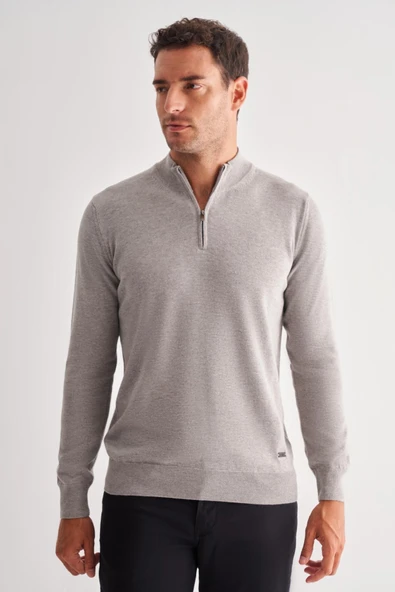 Gri Fermuarlı Dik Yaka Uzun Kol Cepsiz Comfort Fit Classic Pamuklu Triko Kazak 1012255201 - 3