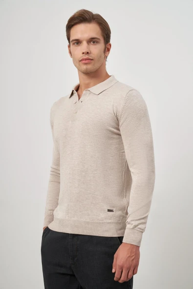 Açık Bej Uzun Kol Düz Örme Polo Yaka Classic Comfort Fit Triko 1012245007 ürün görseli