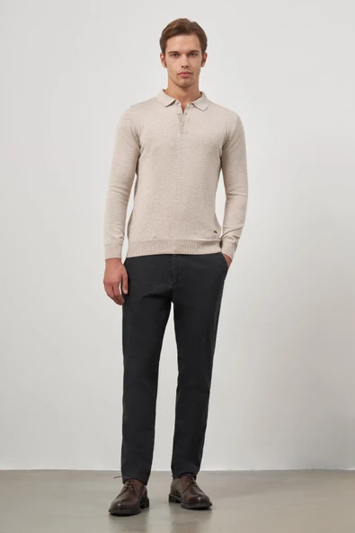 Açık Bej Uzun Kol Düz Örme Polo Yaka Classic Comfort Fit Triko 1012245007 - Resim 2