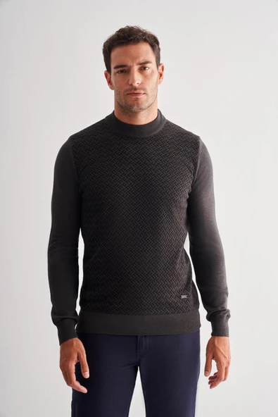 Koyu Antrasit Yarım Balıkçı Yaka Uzun Kol Cepsiz Comfort Fit Pamuklu Triko Kazak 1012255222 - Resim 3