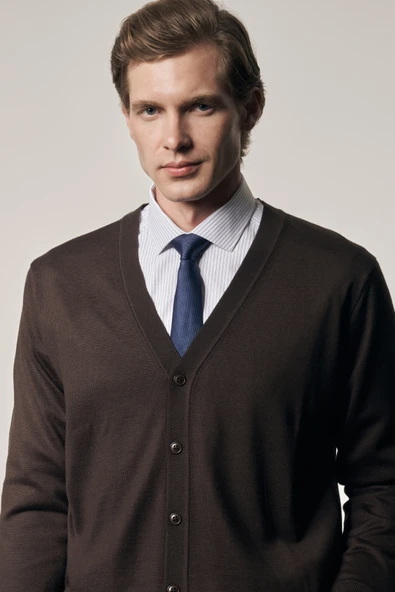 Koyu Kahverengi V Yaka Cepsiz Comfort Fit Classic Pamuklu Triko Hırka 1012255016 - 3