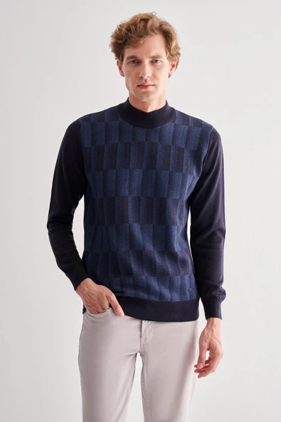 Koyu Lacivert Yarım Balıkçı Yaka Uzun Kol Cepsiz Comfort Fit Pamuklu Triko Kazak 1012255212 ürün görseli 1