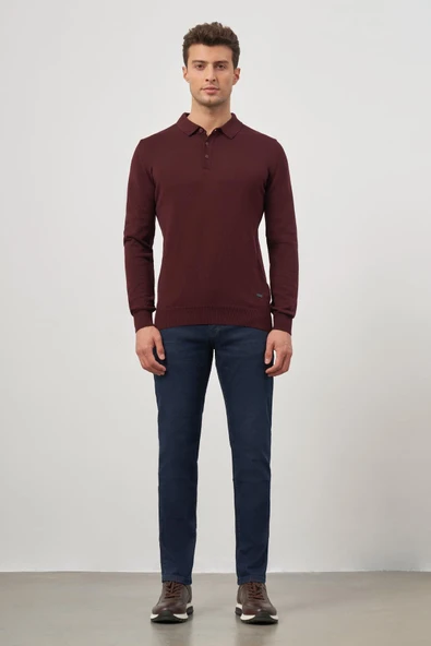 Bordo Uzun Kol Düz Örme Polo Yaka Classic Comfort Fit Triko 1012245007 - 2