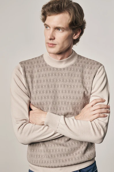 Bej Yarım Balıkçı Yaka Uzun Kol Cepsiz Comfort Fit Pamuklu Triko Kazak 1012255219 - 4