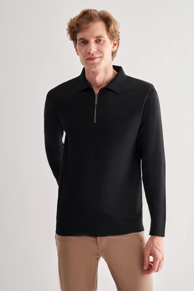 Siyah Uzun Kol Fermuarlı Yaka Cepsiz  Slim Fit  Triko 1012255150 - 1