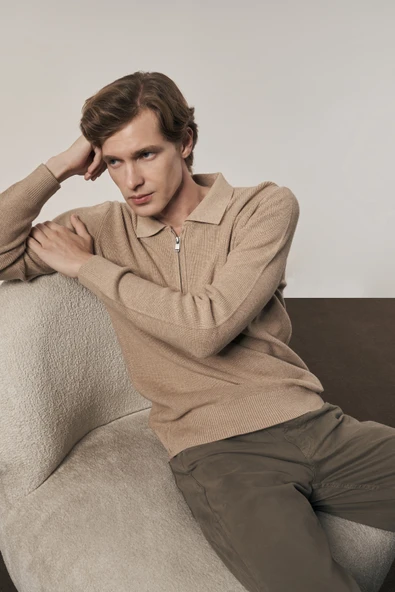 Koyu Bej Fermuarlı Polo Yaka Uzun Kol Cepsiz Comfort Fit Casual Pamuklu Triko Kazak 1012255202 - 5