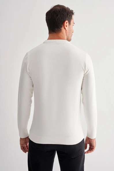 Ekru Uzun Kol Bisiklet Yaka Cepsiz  Slim Fit  Triko 1012255151 - Resim 5