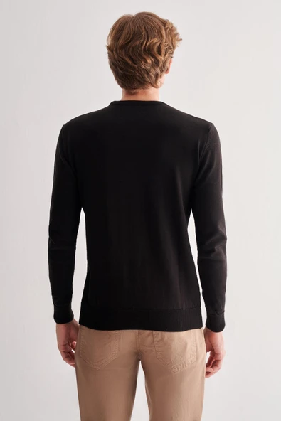 Siyah Bisiklet Yaka Uzun Kol Cepsiz Comfort Fit Pamuklu Triko Kazak 1012255220 - 5