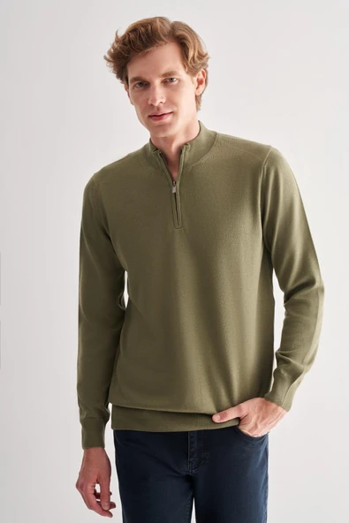 Açık Yeşil Fermuarlı Dik Yaka Uzun Kol Cepsiz Comfort Fit Classic Pamuklu Triko Kazak 1012255201 - 1
