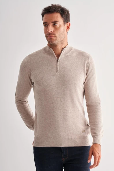 Açık Bej Fermuarlı Dik Yaka Uzun Kol Cepsiz Comfort Fit Classic Pamuklu Triko Kazak 1012255201 - 1