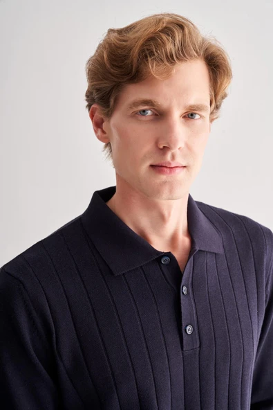 Koyu Lacivert Polo Yaka Uzun Kol Cepsiz Comfort Fit Pamuklu Triko Kazak 1012255214 - 4