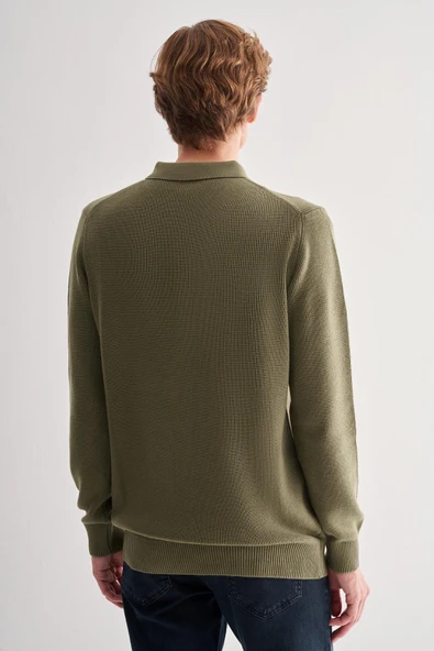 Açık Yeşil Fermuarlı Polo Yaka Uzun Kol Cepsiz Comfort Fit Casual Pamuklu Triko Kazak 1012255202 - 5