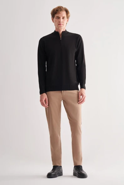 Siyah Fermuarlı Dik Yaka Uzun Kol Cepsiz Comfort Fit Classic Pamuklu Triko Kazak 1012255201 - 2