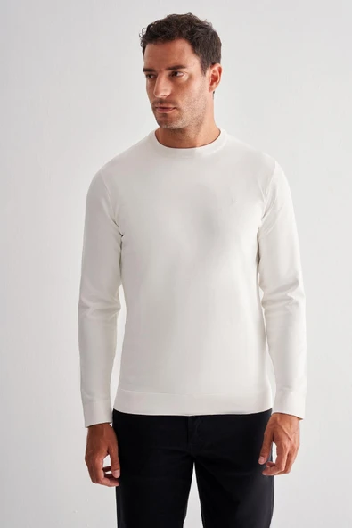 Ekru Uzun Kol Bisiklet Yaka Cepsiz  Slim Fit  Triko 1012255151 - Resim 4