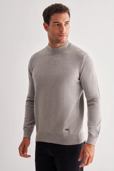 Gri Yarım Balıkçı Yaka Uzun Kol Cepsiz Comfort Fit Classic Pamuklu Triko Kazak 1012255208 - Resim 3