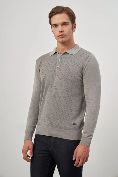 Taş Rengi Uzun Kol Kendinden Desenli Örme Polo Yaka Classic Comfort Fit Triko 1012245162 - 1