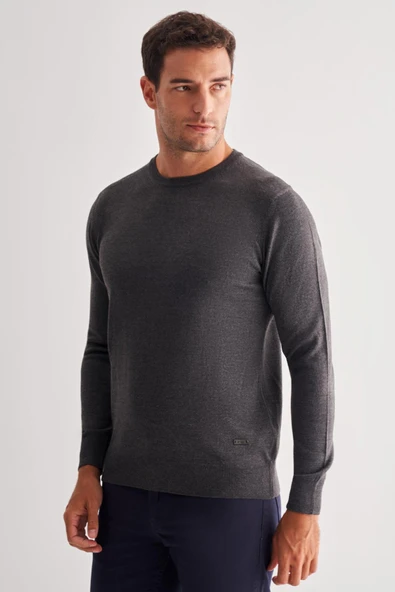 Füme Bisiklet Yaka Uzun Kol Cepsiz Comfort Fit Classic Pamuklu Triko Kazak 1012255206