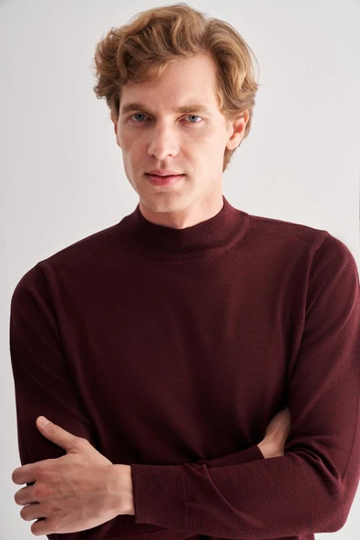 Bordo Yarım Balıkçı Yaka Cepsiz Comfort Fit Classic Pamuklu Triko Kazak 1012255001 - Resim 4