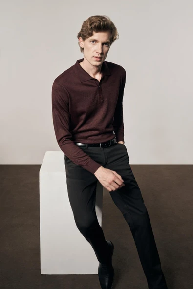 Bordo Polo Yaka Cepsiz Comfort Fit Classic Pamuklu Triko Kazak 1012255007