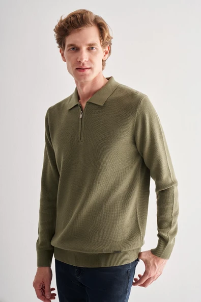 Açık Yeşil Fermuarlı Polo Yaka Uzun Kol Cepsiz Comfort Fit Casual Pamuklu Triko Kazak 1012255202 - 3