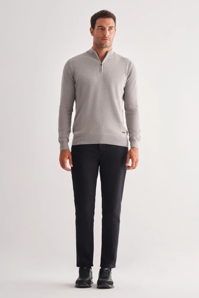 Gri Fermuarlı Dik Yaka Uzun Kol Cepsiz Comfort Fit Classic Pamuklu Triko Kazak 1012255201 - 2