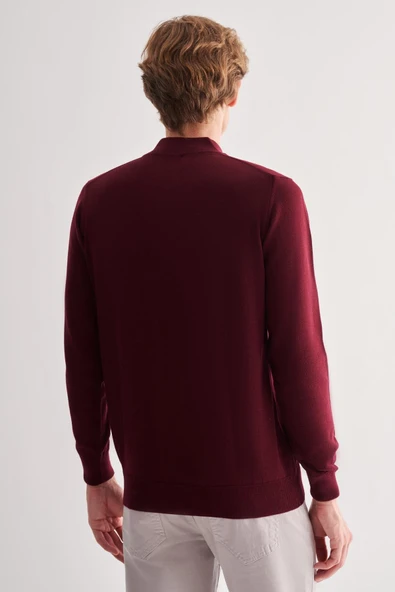Bordo Fermuarlı Dik Yaka Uzun Kol Cepsiz Comfort Fit Classic Pamuklu Triko Kazak 1012255201 - 5