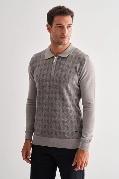 Açık Gri Fermuarlı Polo Yaka Uzun Kol Cepsiz Comfort Fit Pamuklu Triko Kazak 1012255223