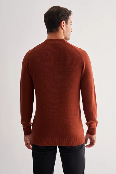 Taba Yarım Balıkçı Yaka Uzun Kol Cepsiz Comfort Fit Casual Pamuklu Triko Kazak 1012255203 - Resim 5