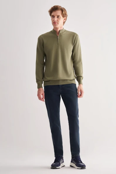 Açık Yeşil Fermuarlı Dik Yaka Uzun Kol Cepsiz Comfort Fit Classic Pamuklu Triko Kazak 1012255201 - 2