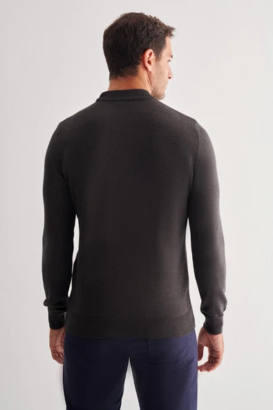 Koyu Antrasit Yarım Balıkçı Yaka Uzun Kol Cepsiz Comfort Fit Pamuklu Triko Kazak 1012255222 - Resim 5
