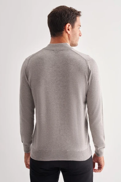 Gri Fermuarlı Dik Yaka Uzun Kol Cepsiz Comfort Fit Classic Pamuklu Triko Kazak 1012255201 - 5