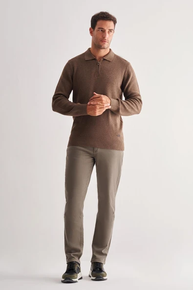 Kahverengi Fermuarlı Polo Yaka Uzun Kol Cepsiz Comfort Fit Casual Pamuklu Triko Kazak 1012255202 - 2