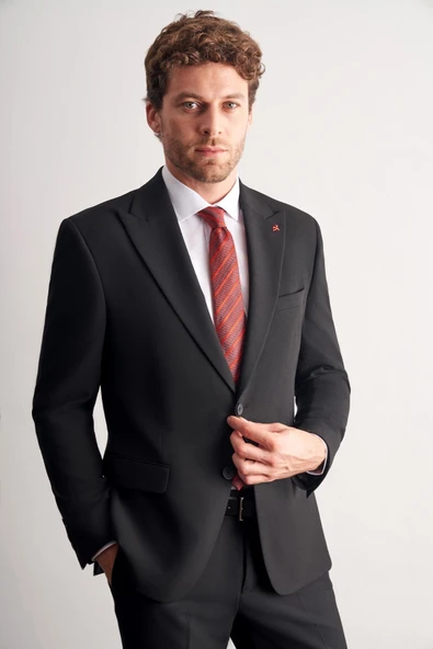 Siyah Kırlangıç Yaka Tam Astar 6 Drop Slim Fit Takım Elbise 1001255162 - Resim 2