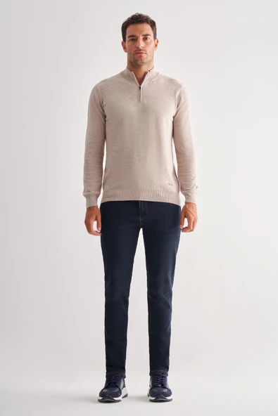 Açık Bej Fermuarlı Dik Yaka Uzun Kol Cepsiz Comfort Fit Classic Pamuklu Triko Kazak 1012255201 - 2