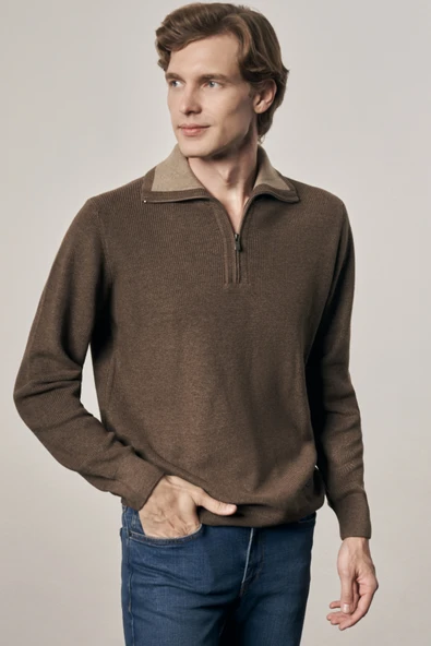 Vizon Fermuarlı Yarım Balıkçı Uzun Kol Cepsiz Comfort Fit Casual Pamuklu Triko Kazak 1012255204 ürün görseli