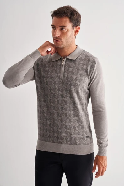 Açık Gri Fermuarlı Polo Yaka Uzun Kol Cepsiz Comfort Fit Pamuklu Triko Kazak 1012255223 - 3