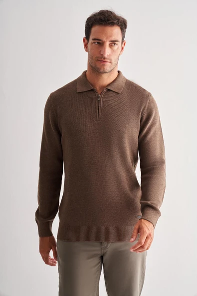 Kahverengi Fermuarlı Polo Yaka Uzun Kol Cepsiz Comfort Fit Casual Pamuklu Triko Kazak 1012255202 - 3