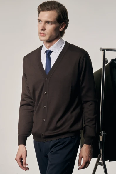 Koyu Kahverengi V Yaka Cepsiz Comfort Fit Classic Pamuklu Triko Hırka 1012255016